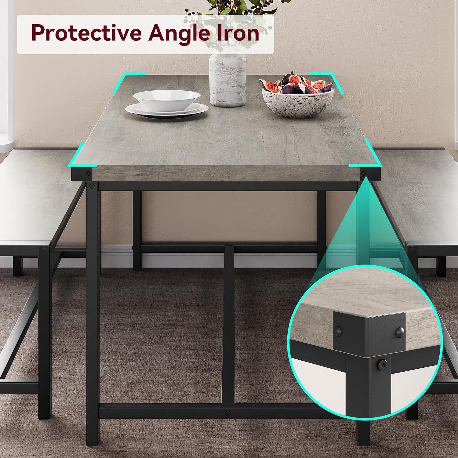 IDEALHOUSE Dining Table Set for 4, Kitchen Table with Benches, Rectangular Dining Room Table Set with 2 Metal Wood Benches, 3 Piece Dining Table Set for Small Space, Apartment, Dinette, Retro Gray