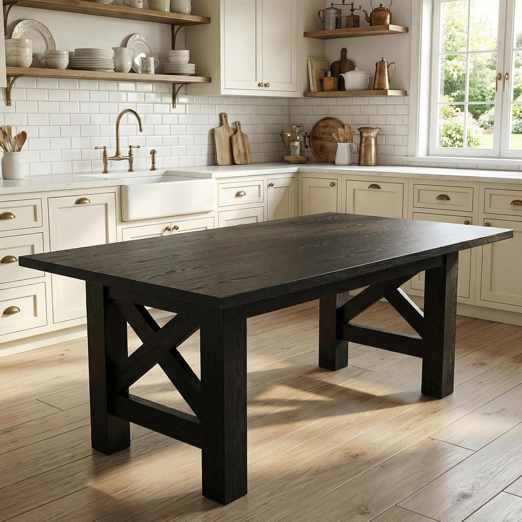 GarveeHome Dining Table for 6-8, 71' Long Large Wooden Farmhouse Kitchen Table with Thick Sturdy Frame, Rectangular Dining Room Dinner Table with Stable Triangular Legs for Kitchen,Office, Retro Black