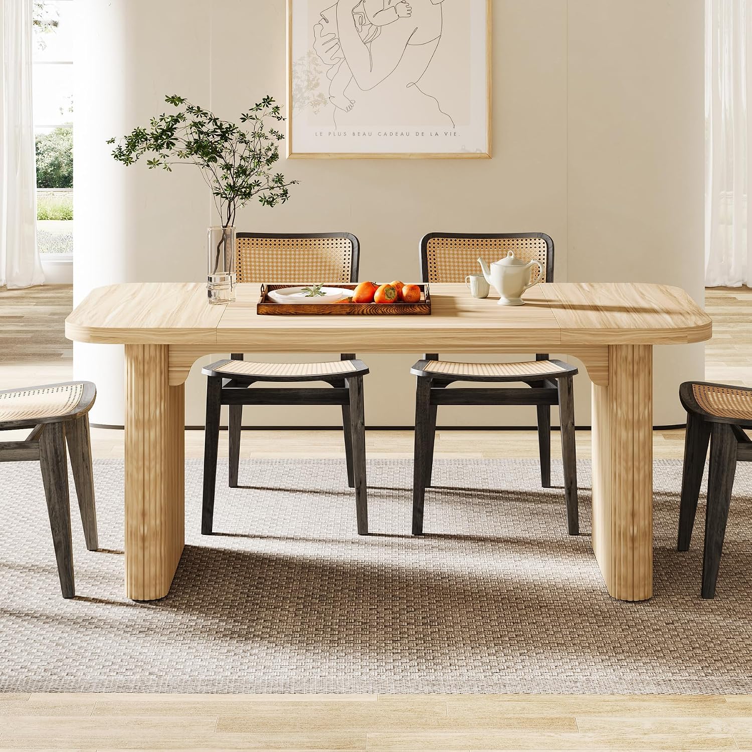 Tribesigns Modern Dining Table for 6 People, 62-Inch Natural Wood Kitchen Table with Double Robust Pedestal, Long Rectangle Wooden Dinner Table for Dining Room