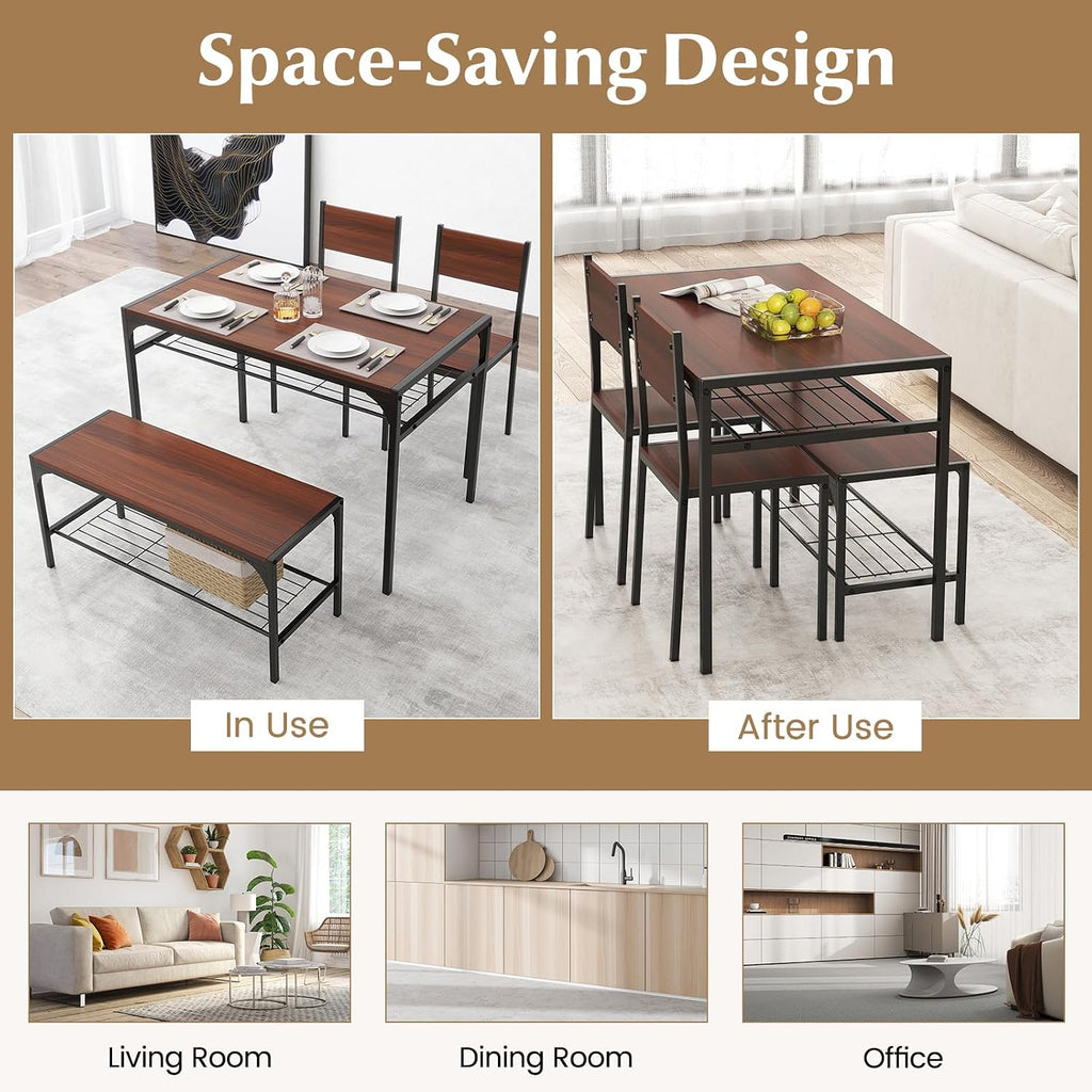 COSTWAY 4 Pieces Dining Table Set, Kitchen Table and 2 Chairs for 4 with Bench, Storage Racks, Metal Frame & Space-Saving Design, Industrial Kitchen Table Set for Small Space, Apartment (Walnut)