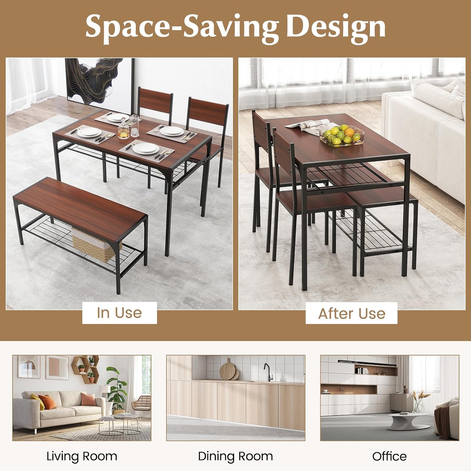 COSTWAY 4 Pieces Dining Table Set, Kitchen Table and 2 Chairs for 4 with Bench, Storage Racks, Metal Frame & Space-Saving Design, Industrial Kitchen Table Set for Small Space, Apartment (Walnut)