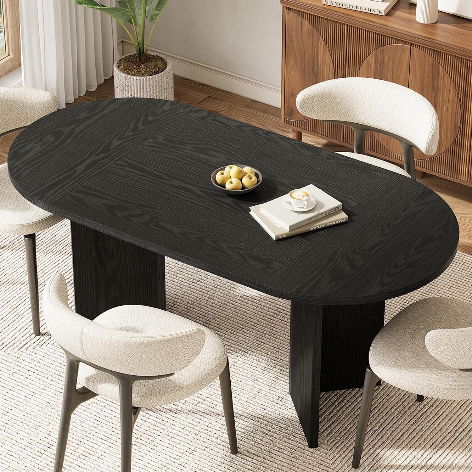 LITTLE TREE 63' Rustic Oval Dining Table for 4-6, Sturdy MDF Farmhouse Kitchen Table with Metal Strip Base, for Living Room, Office, Restaurant, Multi-Use, Black