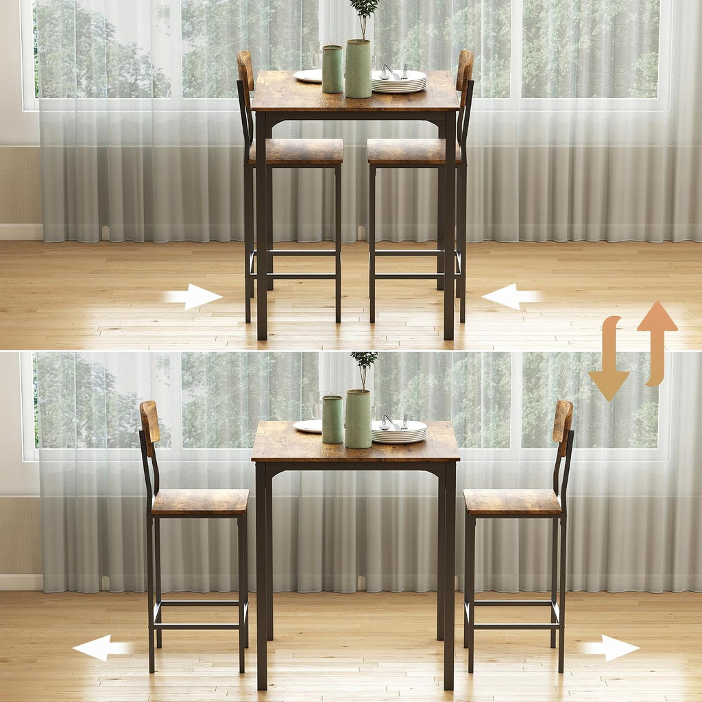 HOMCOM 3-Piece Counter Height Bar Table with Space-Saving Design, Square Kitchen Table and Chairs Set with Footrest, Metal Legs, Industrial Dining Table Set for 2, Rustic Brown and Black