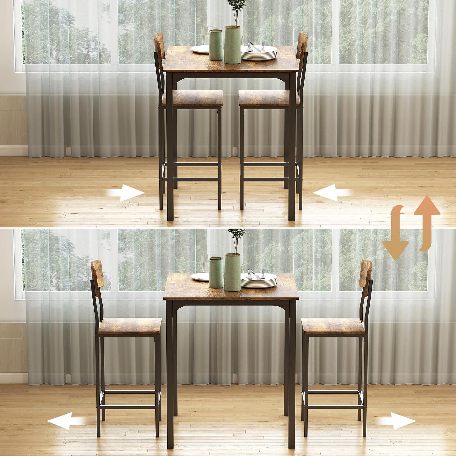 HOMCOM 3-Piece Counter Height Bar Table with Space-Saving Design, Square Kitchen Table and Chairs Set with Footrest, Metal Legs, Industrial Dining Table Set for 2, Rustic Brown and Black