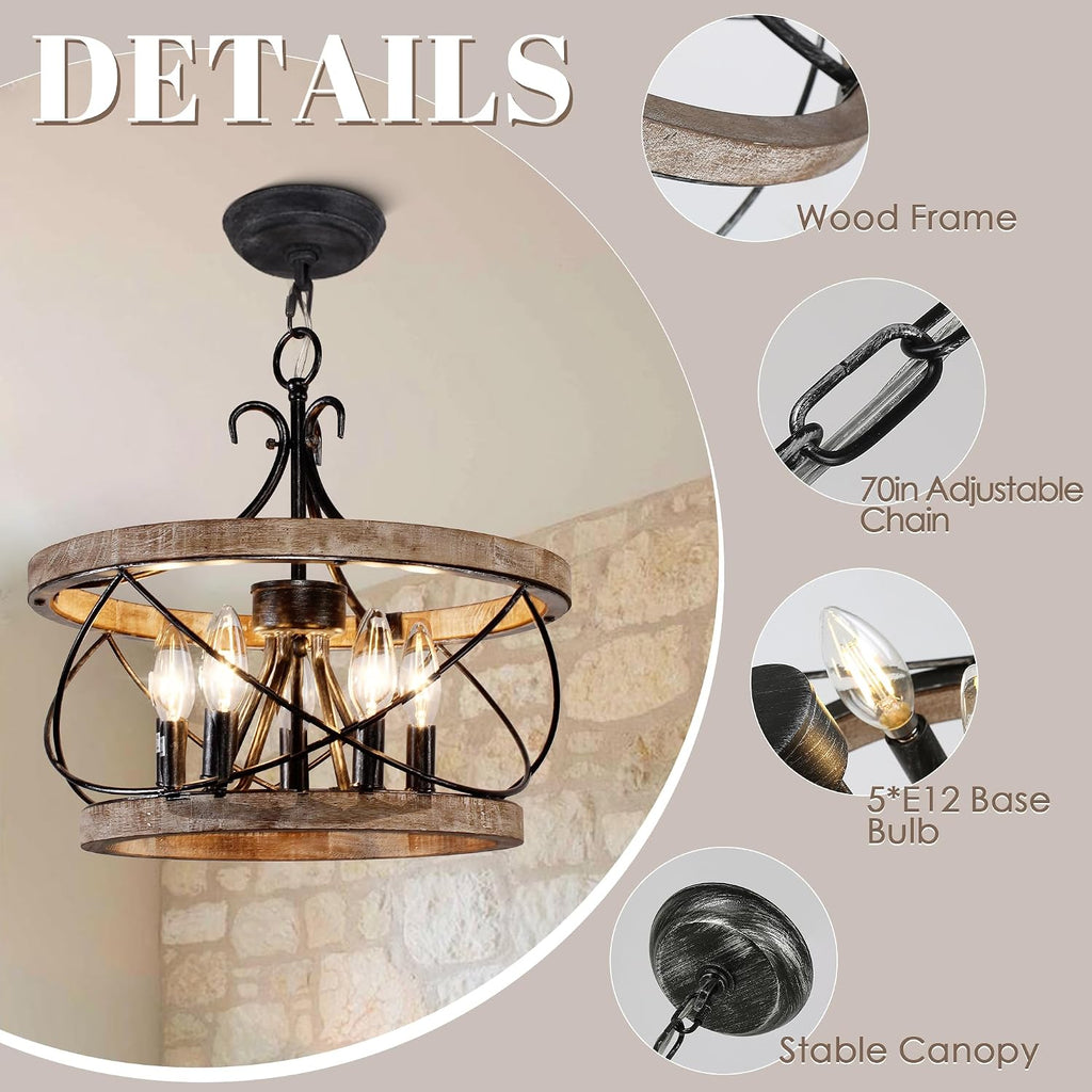 20' Farmhouse Chandelier, Rustic Drum Chandelier Light Fixture Over Table, 5-Light Pendent Light for Dining Room Vintage Wood Chandelier for Bedroom Hanging Lamp for Kitchen
