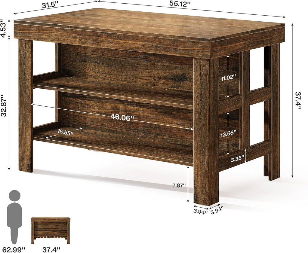 Tribesigns Kitchen Island with Seating and Storage Shelves, 55.1-Inch Breakfast Counter Farmhouse Island Table for Kitchen Dining Room (Deep Brown)