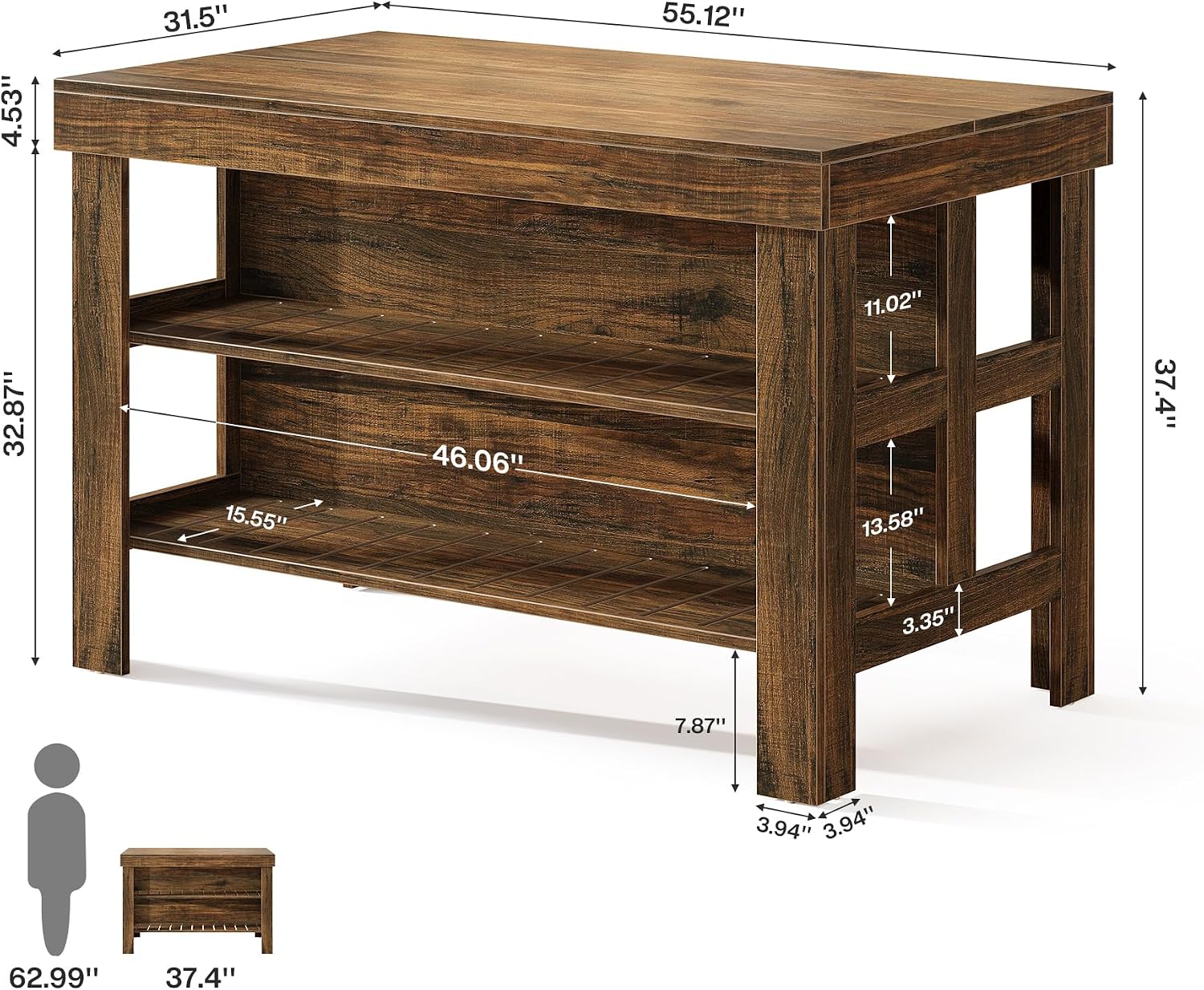 Tribesigns Kitchen Island with Seating and Storage Shelves, 55.1-Inch Breakfast Counter Farmhouse Island Table for Kitchen Dining Room (Deep Brown)