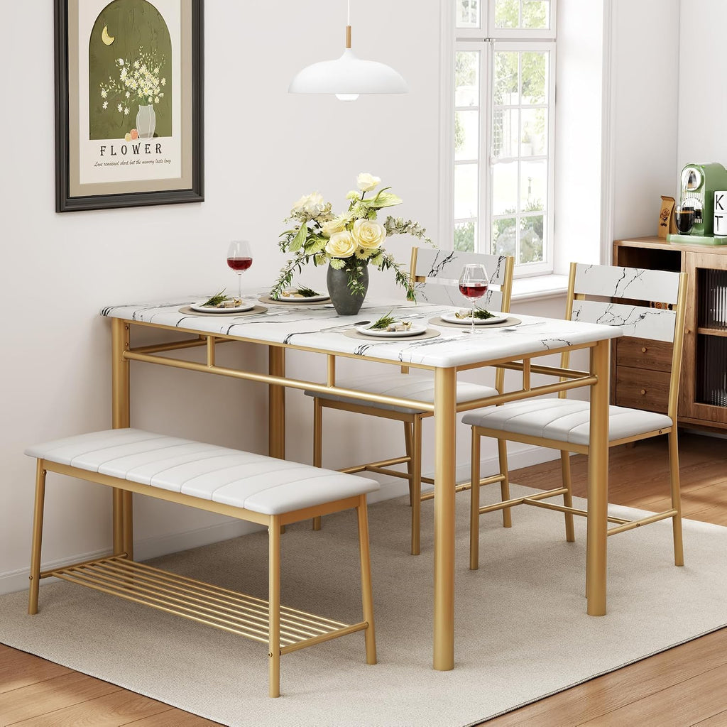IRONCK Dining Table Set for 4, Kitchen Table with Upholstered Bench and 2 Chairs, Kitchen Table and Chairs Set for Small Space, Apartment, White & Gold