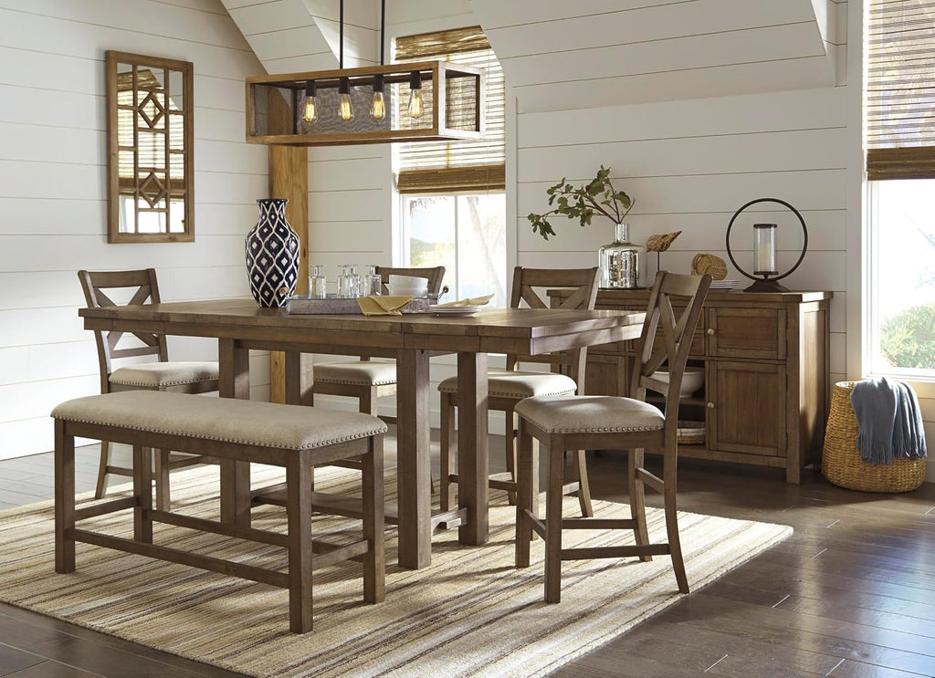 Signature Design by Ashley Moriville Rustic Farmhouse Counter Height Dining Extension Table, Separate Extension Leaves, Seats 8, Wood, 36' W x 86' D x 36' H, Brown