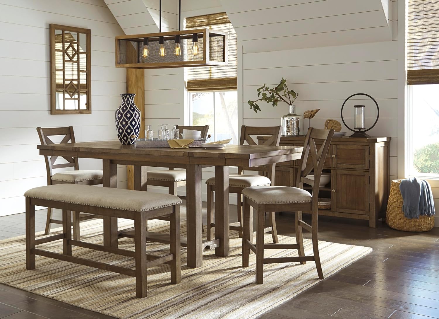 Signature Design by Ashley Moriville Rustic Farmhouse Counter Height Dining Extension Table, Separate Extension Leaves, Seats 8, Wood, 36' W x 86' D x 36' H, Brown