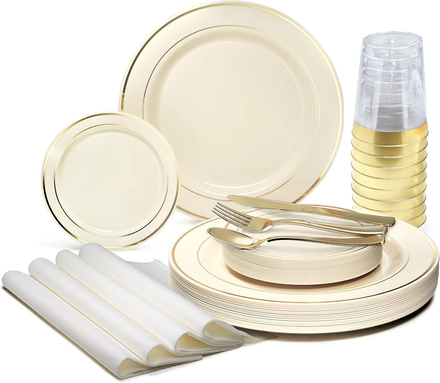 ' OCCASIONS ' 840pcs set (120 Guests)-Heavyweight Wedding Party Disposable Plastic Plate Set-120 x 10.5'' + 120 x 6.25'' + Gold Silverware + Cups + Napkins (Ivory & Gold Rim)