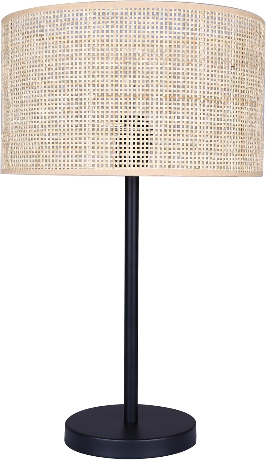 Canarm Bellamy Table Lamp, 22-Inch Rustic Black with Rattan Shade and Tri-Light Switch for Living Room or Bedroom Lighting