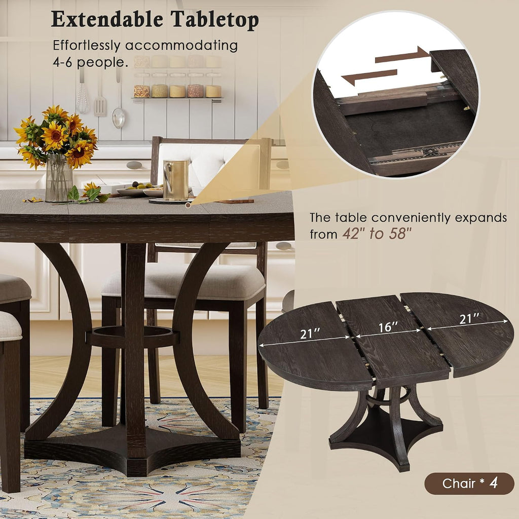 Bellemave Extendable Dining Table Set for 4, 5-Piece Retro Round Table Set with 4 Upholstered Chairs, Round Table with a 16' W Leaf, Oval Kitchen Table Set with Extendable Table (Espresso)
