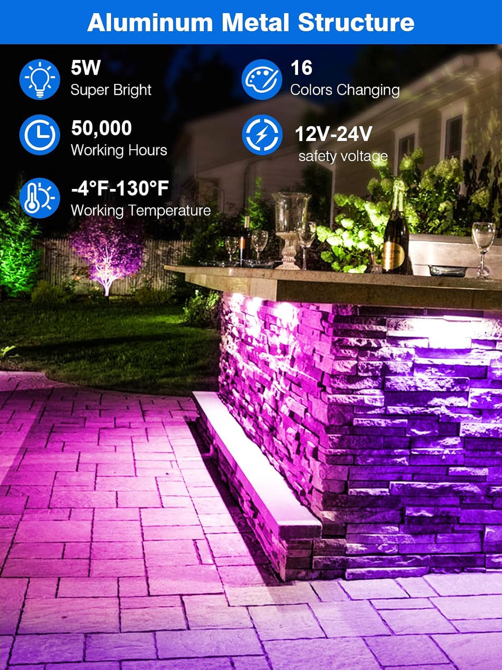 5W RGB Retaining Wall Lights 7 inch LED Hardscape Lighting Color Changing Low Voltage Landscape Paver Lights 12V 24V Step Lights Outdoor IP66 Waterproof Stair Lighting (8 Pack+Connectors)