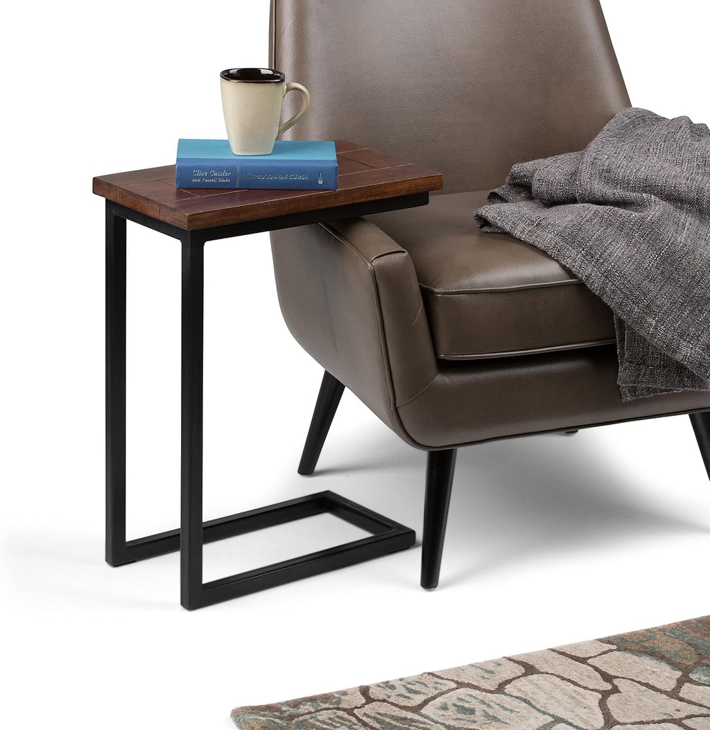 SIMPLIHOME Skyler C-Side Table - 18' Wide x 24' High Solid Mango Wood and Metal Slide-Under Table in Dark Cognac Brown, Industrial Accent Table or End Table for Living Room with Open Frame, Assembled