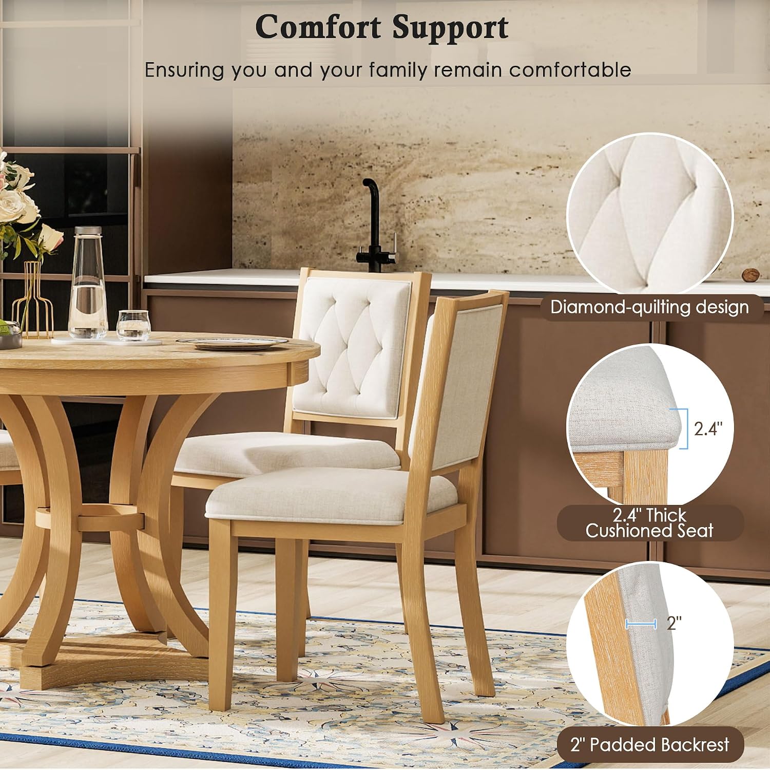 Bellemave Extendable Dining Table Set for 4, 5-Piece Retro Round Table Set with 4 Upholstered Chairs, Round Table with a 16' W Leaf, Oval Kitchen Table Set with Extendable Table (Natural)