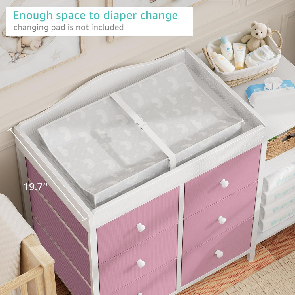 BOLUO Baby Dresser with Changing Table Top, Changing Table Dresser with 6 Fabric Drawers Diaper Changing Station with Storage Shelf for Nursery Modern