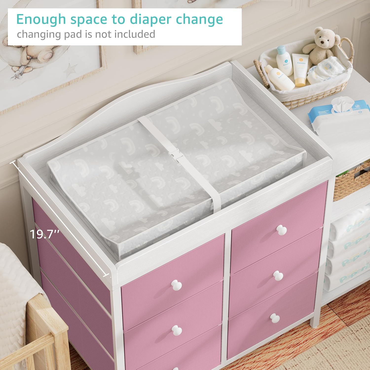 BOLUO Baby Dresser with Changing Table Top, Changing Table Dresser with 6 Fabric Drawers Diaper Changing Station with Storage Shelf for Nursery Modern