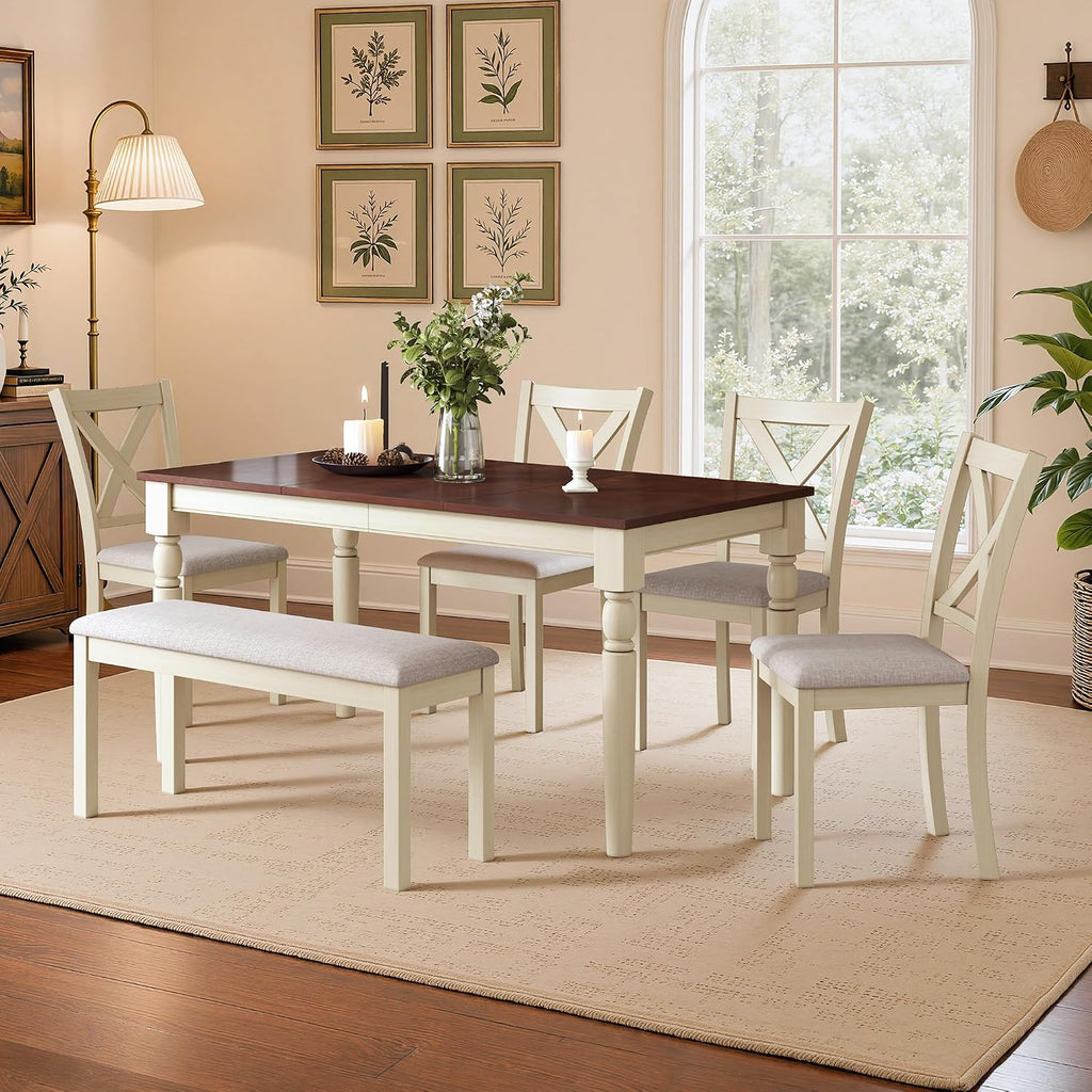 LUXOAK 60' Solid Wood Dining Table Set for 6, Farmhouse Kitchen Table with 4 Upholstered Chairs & Bench, 6-Piece Dining Room & Living Room Furniture, Cream White
