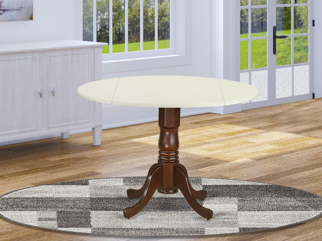 East West Furniture DLT-LMA-TP Dublin Modern Kitchen Table - a Round Dining Table Top with Dropleaf & Pedestal Base, 42x42 Inch, Linen White & Mahogany