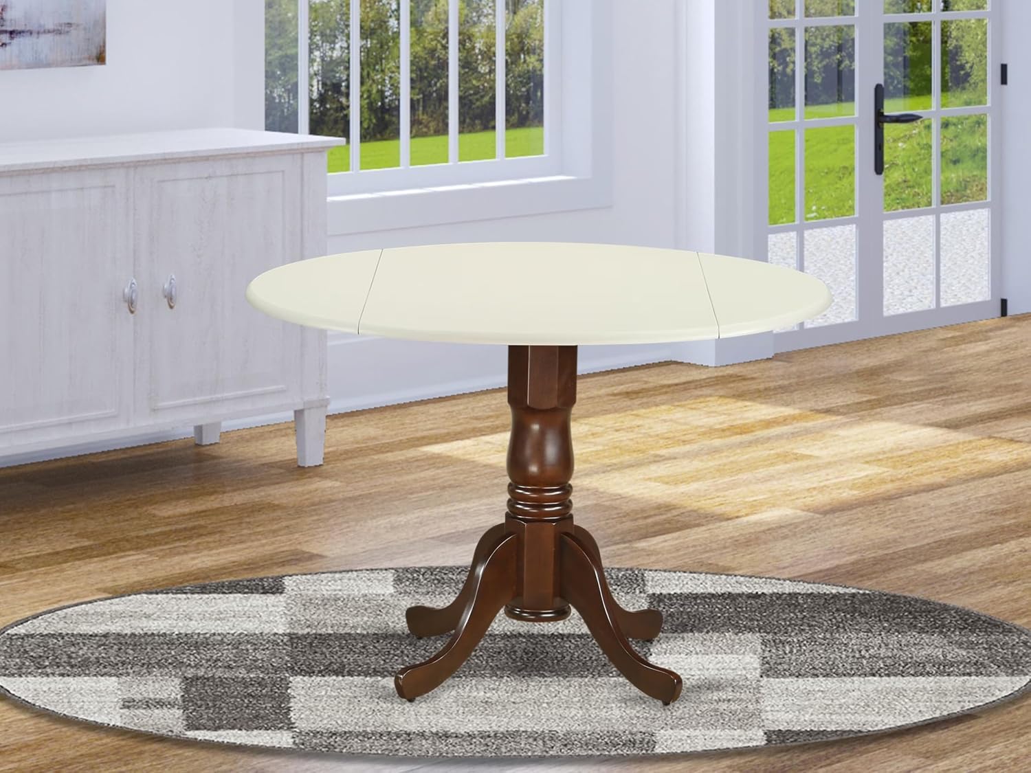 East West Furniture DLT-LMA-TP Dublin Modern Kitchen Table - a Round Dining Table Top with Dropleaf & Pedestal Base, 42x42 Inch, Linen White & Mahogany
