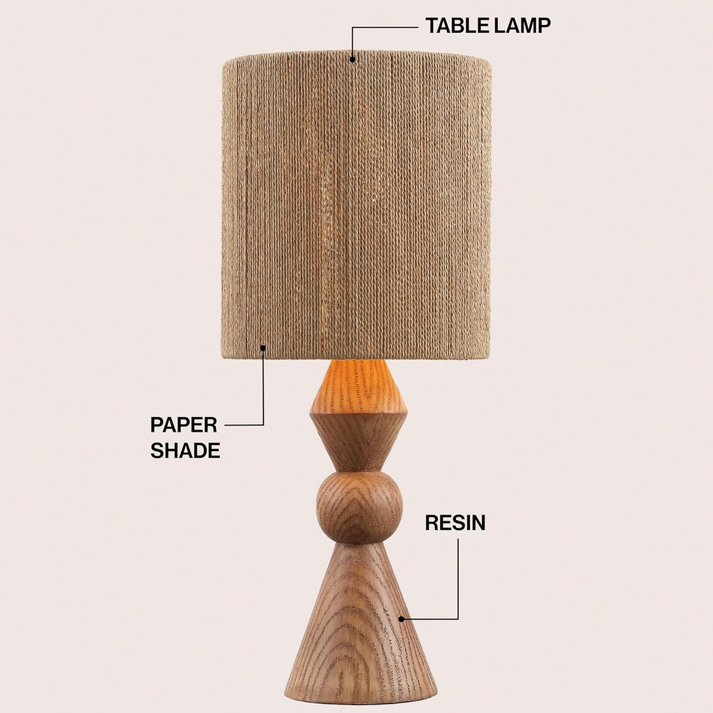 JONATHAN Y 23.5' Brown Wood Finish Rustic Table Lamp for Living Room Bedroom with Brown Paper Rope Shade, Modern Farmhouse Resin Nightstand Lamp, LED Bulb Included JYL9202A