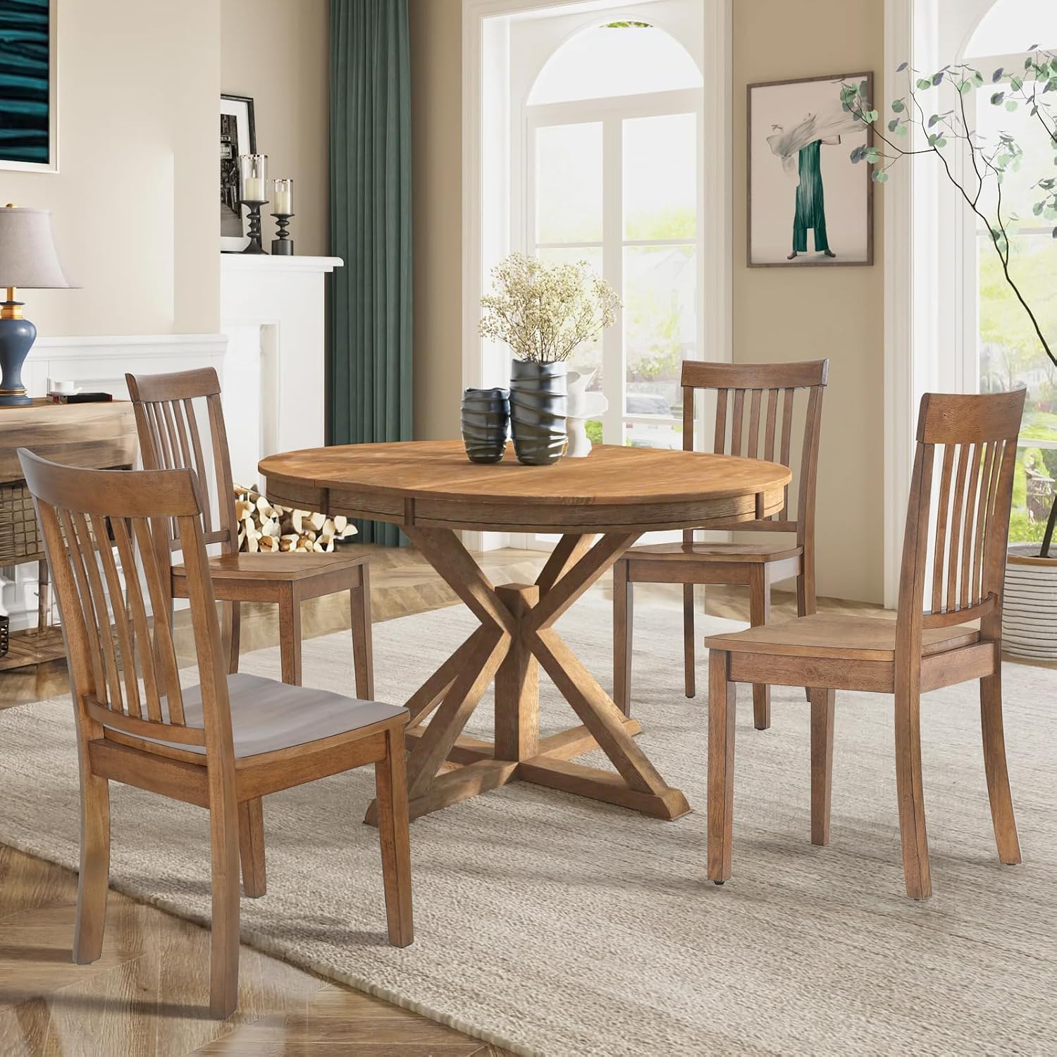COLAMY Farmhouse Dining Chairs Set of 2, Light Brown Wooden Dining Room Chairs, Windsor Spindle High Back Side Chairs, Armless Rubberwood Kitchen Table Chairs