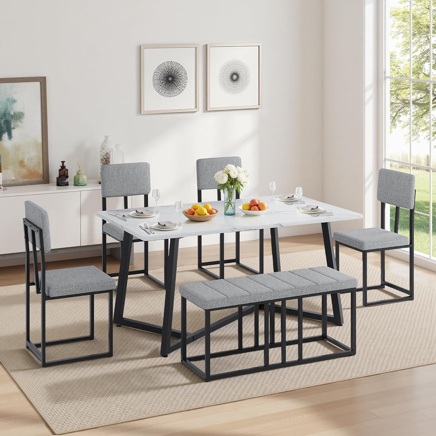 6-Piece Dining Room Set for 6, Faux Marble 51.18'' Dining Room Table with Linen Chairs & Bench, Sturdy Modern Kitchen Table and Chairs Set for Small Spaces