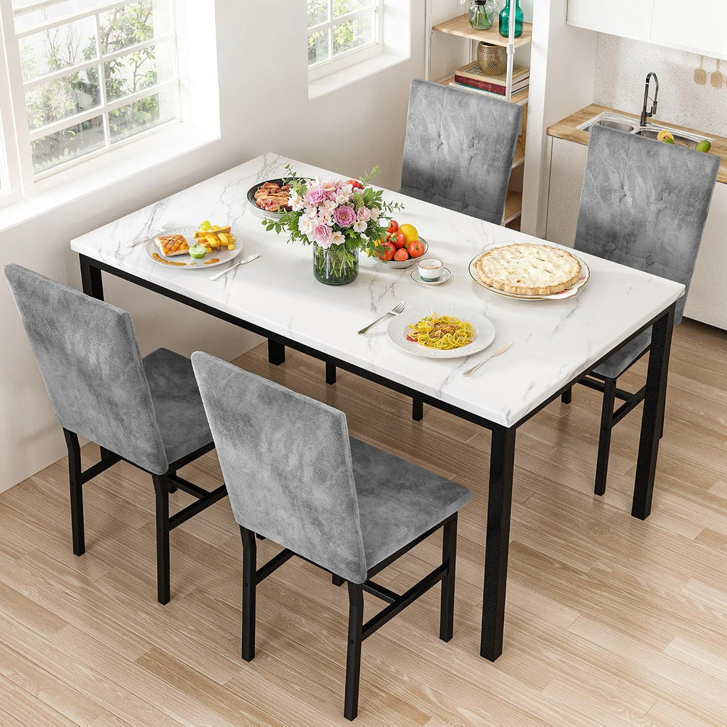 Hooseng Dining Room Table Set 5 Piece Dining Table Set Marble Dining Table 4 Chair Dining Table Set for Kitchen Living Room Breakfast Small Spaces (White & Grey)
