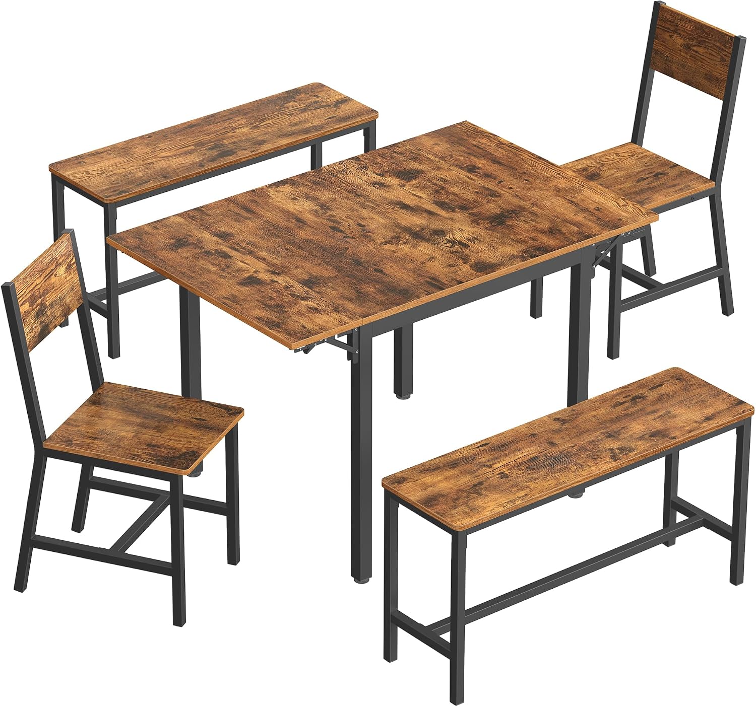 VASAGLE Extendable Dining Table Bundle with 2 Chairs and 2 Benches, Dining Set, for Living Room, Kitchen, Steel Frame, Easy Assembly, Rustic Brown and Ink Black UZH2504043