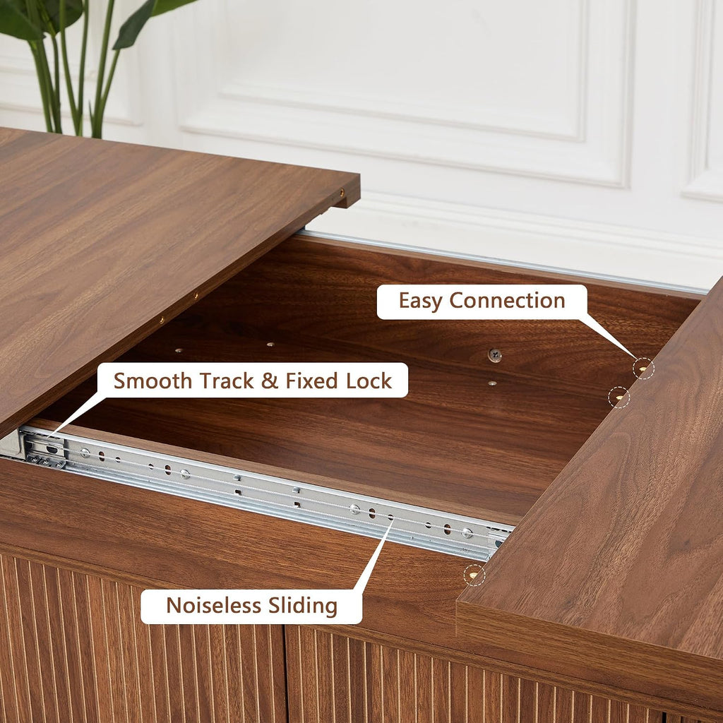 weselon 55'-71' Extendable Dining Table with Storage, Expandable Kitchen Table for 4-6, Space Saving Dining Room Table with Hidden Storage Cabinet, Adjustable Shelves & Fluted Base (Walnut)