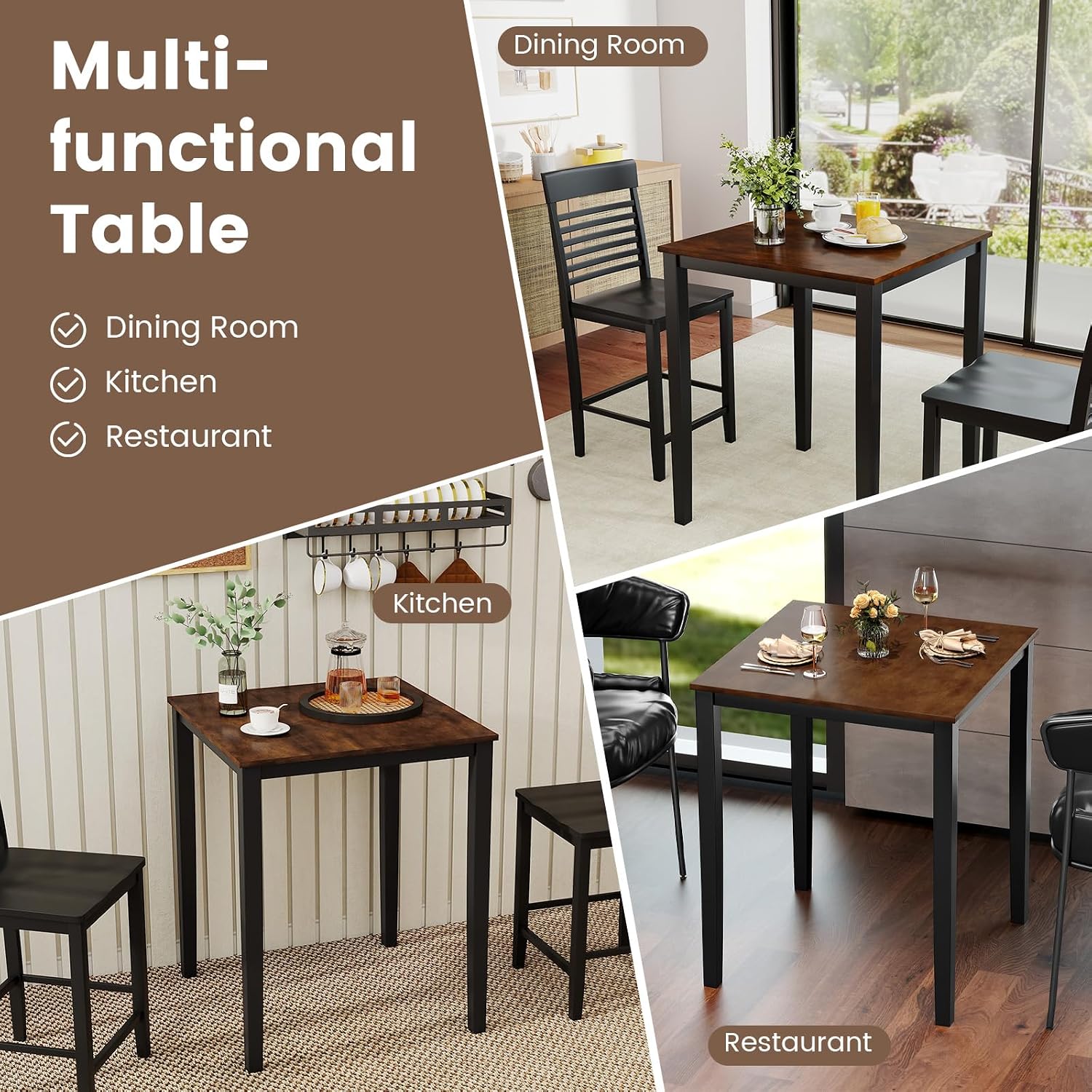 Giantex Square Dining Table for 2-4, 30'x30'x36' Kitchen Table with Solid Rubber Wood Frame, 220lbs Capacity, Space-Saving Dinner Tables for Small Space, Dining Room, Living Room, Pub (Brown + Black)
