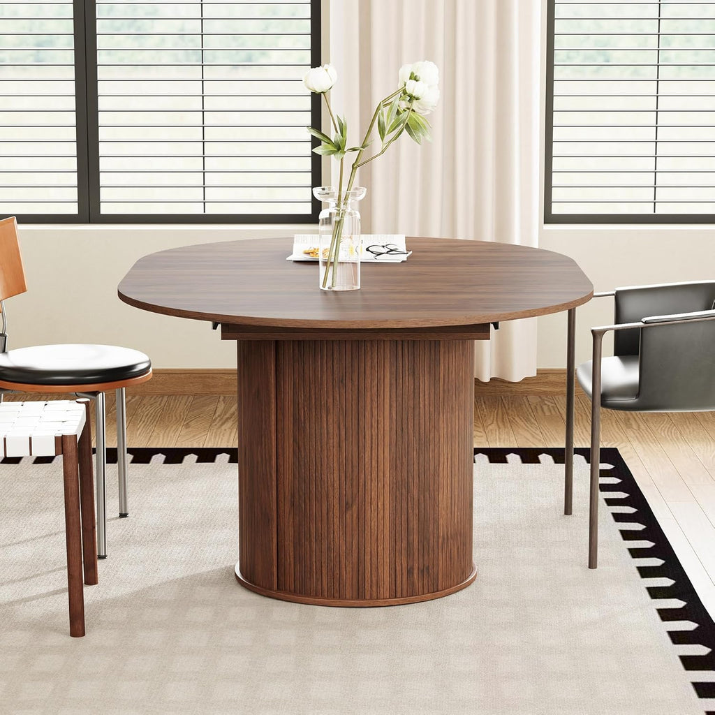 weselon 43'-59' Extendable Round to Oval Dining Table with Hidden Storage, Modern Wooden Kitchen Table with Fluted Sliding Door Cabinet, Expandable Dinner Table for Dining Room Living Room (Walnut)