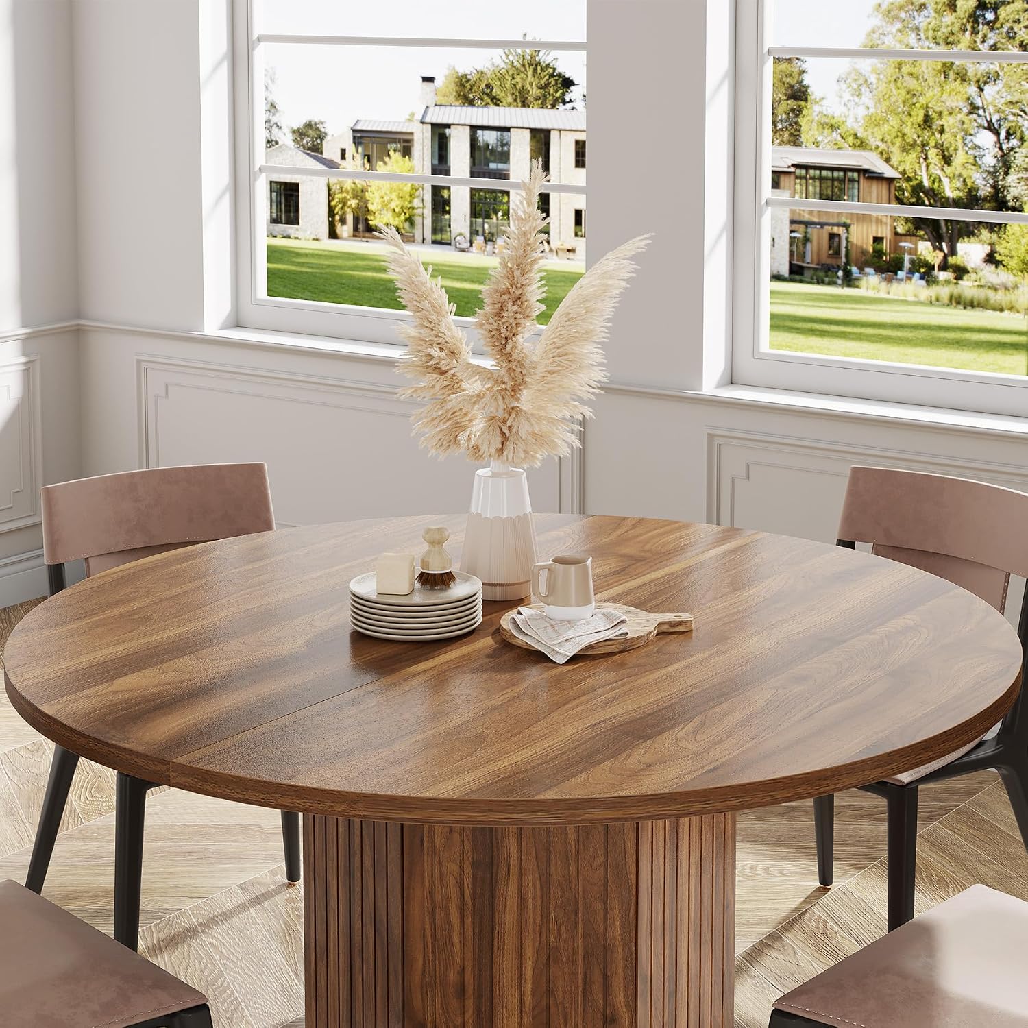 Tribesigns Wood Round Dining Kitchen Table for Dining Room, 47 inch Dinner Table 4-6 People with Heavy Duty Pedestal Base Circle Tabletop for Kitchen Living Room, Brown
