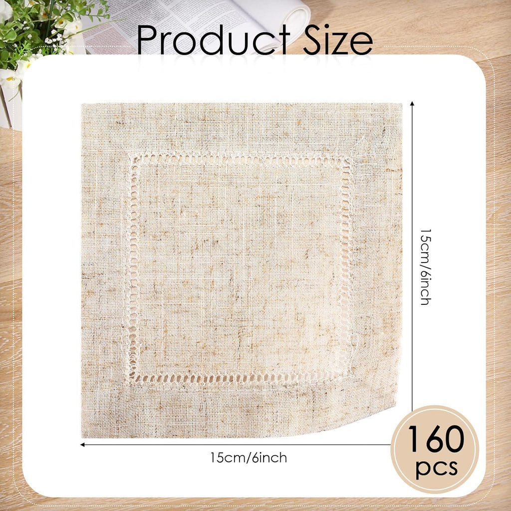 Jerify 160 Pcs Linen Cocktail Napkins Bulk 6 x 6 Inch Reusable Cloth Hemstitch Fabric Linen Napkins for Party Wedding Bar Beverage Coffee Dessert DIY