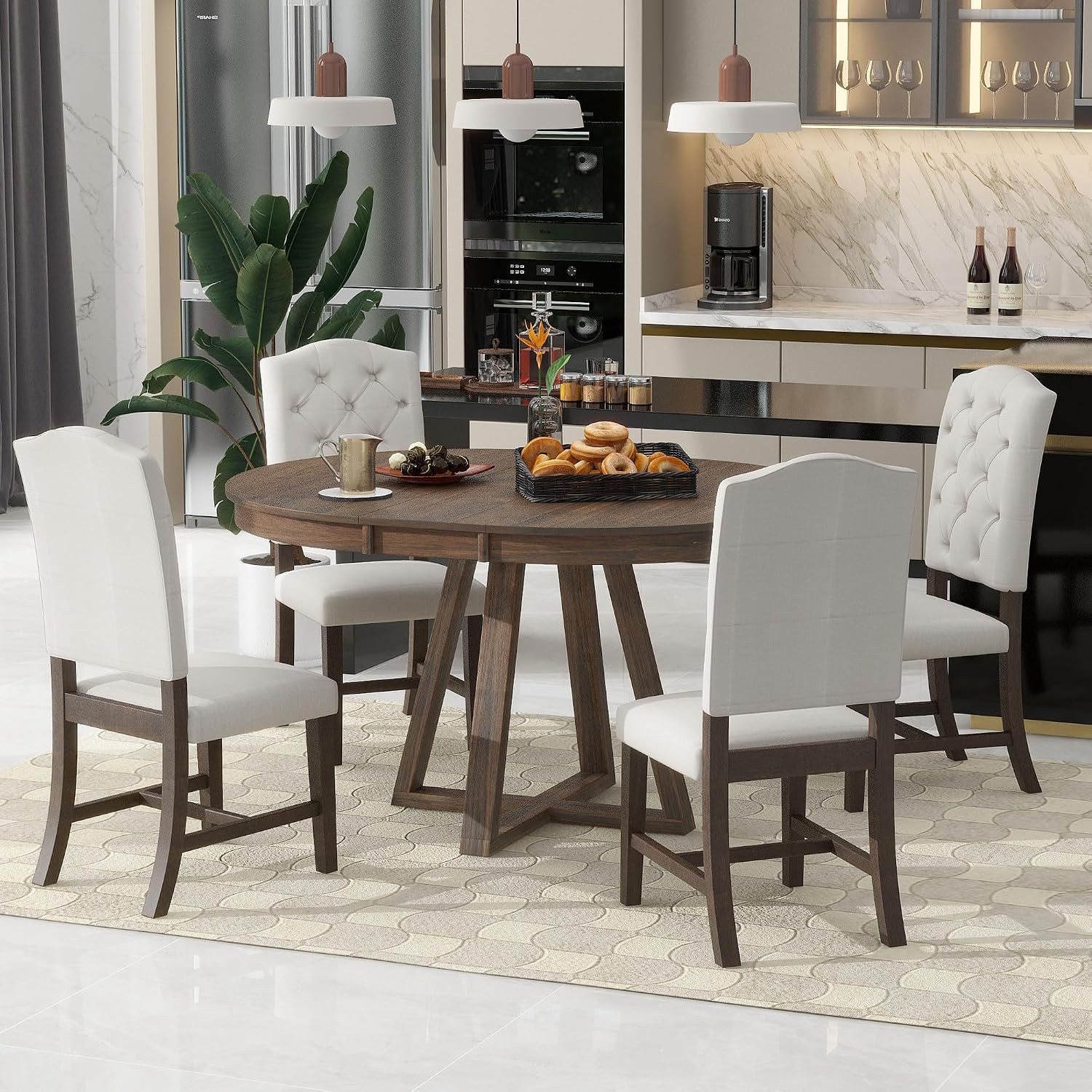LUMISOL Round Dining Table Set for 4, Farmhouse Extendable Kitchen Table Set with 4 Upholstered Chairs, Solid Wood Table and Chairs Set for Kitchen, Dining Room, Living Room, Beige+Walnut