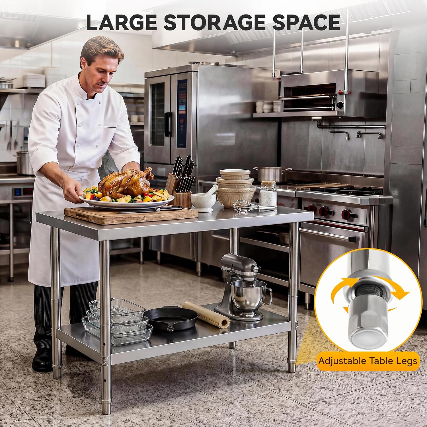 DWVO 60x24in Stainless Steel Table, NSF Metal Prep Worktable with Adjustable Shelf for Kitchen Restaurant Hotel Garage Warehouse Home