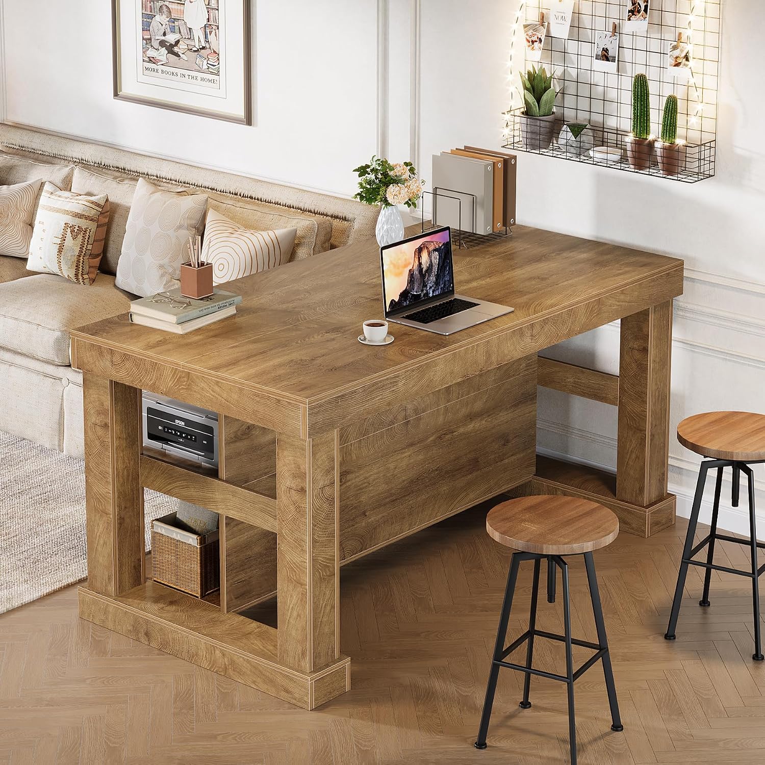 Tribesigns Bar Table, 55-Inch Counter Height Pub Table with Storage Shelves, High Top Kitchen Dining Table, Rectangle Wood Home Bar Unit for Dining Room, Bistro, Light Brown