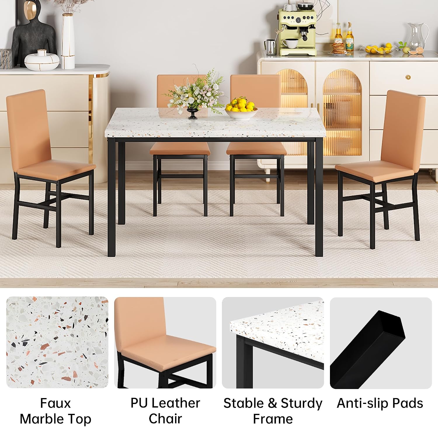 Hooseng 5 Piece Dining Table Set for 4, Small Faux Marble Kitchen Table with 4 PU Leather Chairs, Modern Dining Room Table Set for Small Space, Breakfast Nook, Dinette
