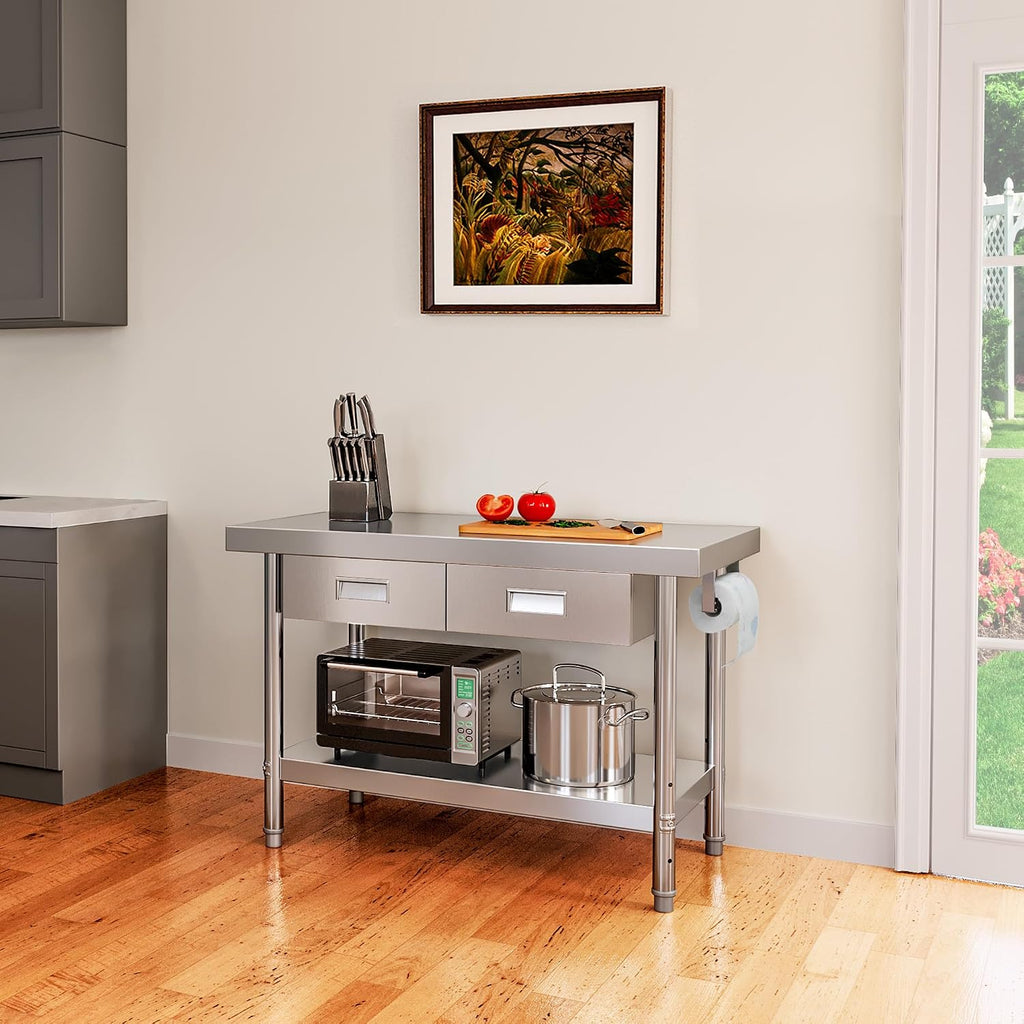YITAHOME 48' × 24' Stainless Steel Table with 2 Drawers, NSF Work Table with Drawer, Metal Table Prep Table for Home Kitchen Restaurant Garage Warehouse