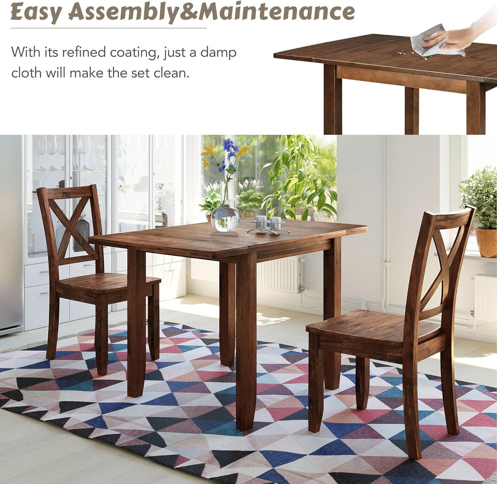 Harper & Bright Designs 3-Piece Wood Drop Leaf Dining Table Set with 2 X-Back Chairs, Space-Saving Breakfast Nook Dining Set, Brown
