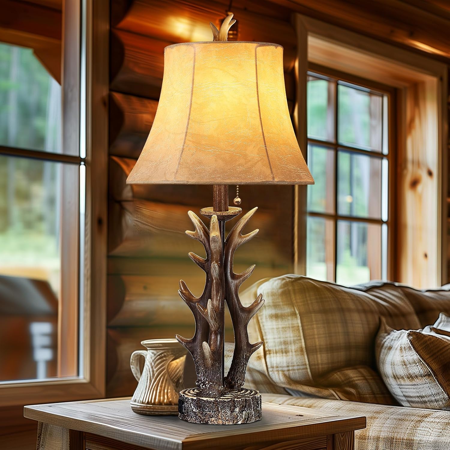 Antler Table Lamps Set of 2 with USB A+C Ports 28' Tall Rustic Farmhouse Deer Bedside Lamps with Faux Leather Bell Shade for Bedroom Living Room Office Decor Western Cabin End Table Lamp, Pull Chain