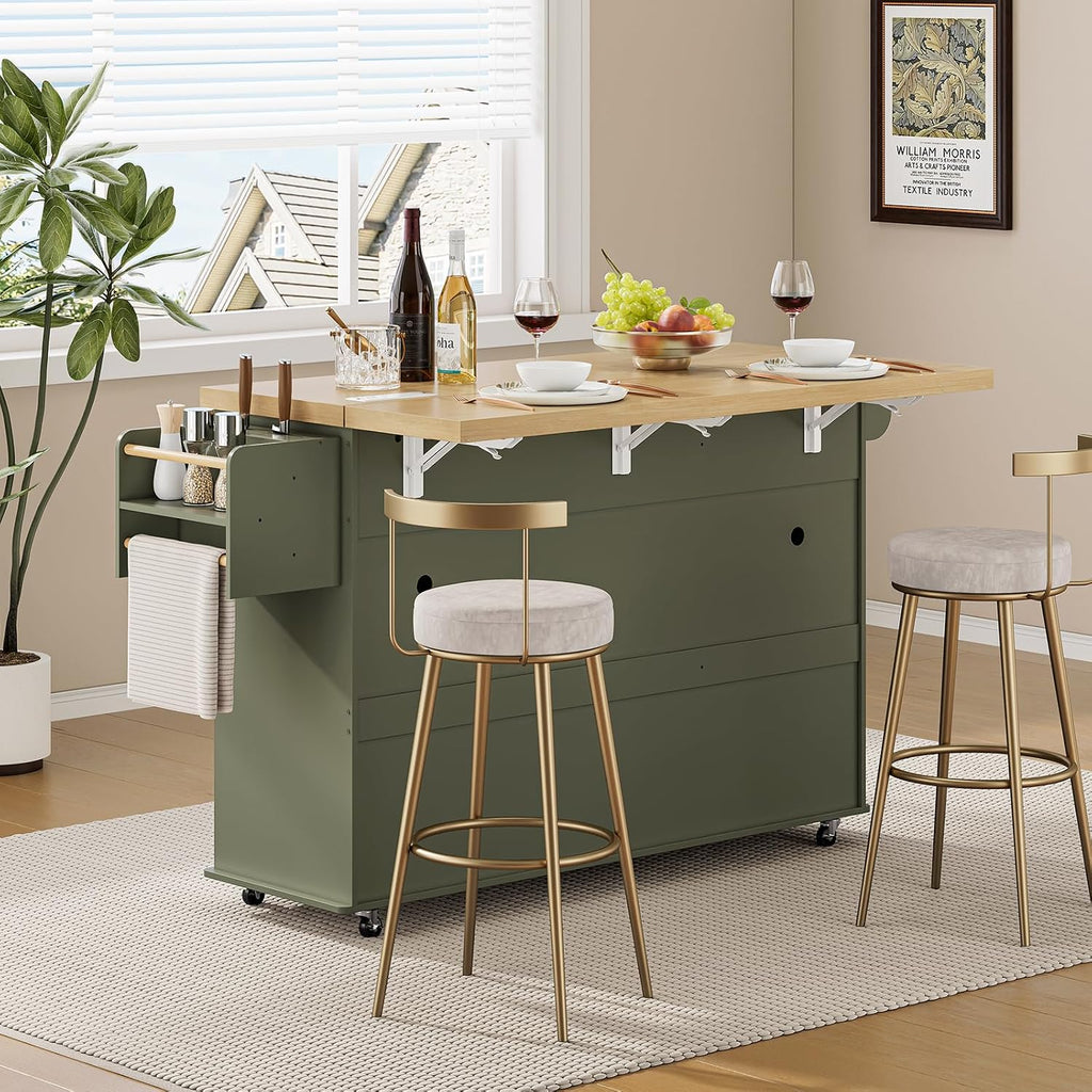 60' Kitchen Island with Power Outlet & Drop Leaf, Kitchen Rolling Island with Spice Rack & Towel Rack, Knife Holder, Kitchen Island Cart with Trash Storage Cabinet, Mobile Island Table for Kitchen