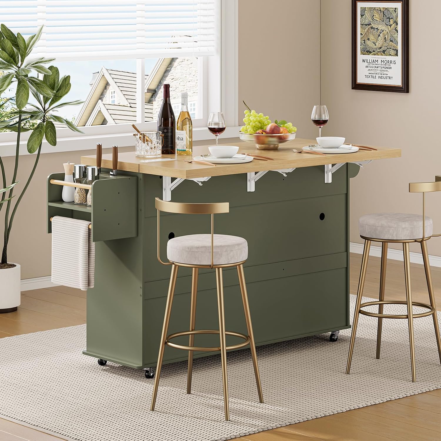 60' Kitchen Island with Power Outlet & Drop Leaf, Kitchen Rolling Island with Spice Rack & Towel Rack, Knife Holder, Kitchen Island Cart with Trash Storage Cabinet, Mobile Island Table for Kitchen