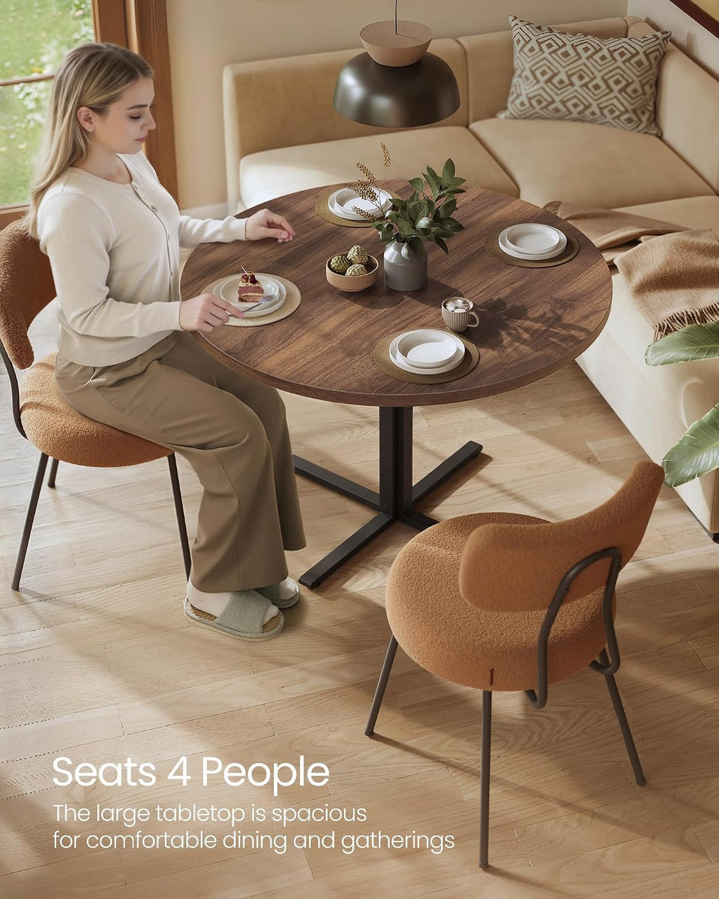VASAGLE Dining Table Set, Round Dining Table with 2 Upholstered Kitchen Chairs, for Small Spaces, Kitchen, Living Room, Steel Frame, Modern Style, Somber Walnut and Ink Black UZH2507009
