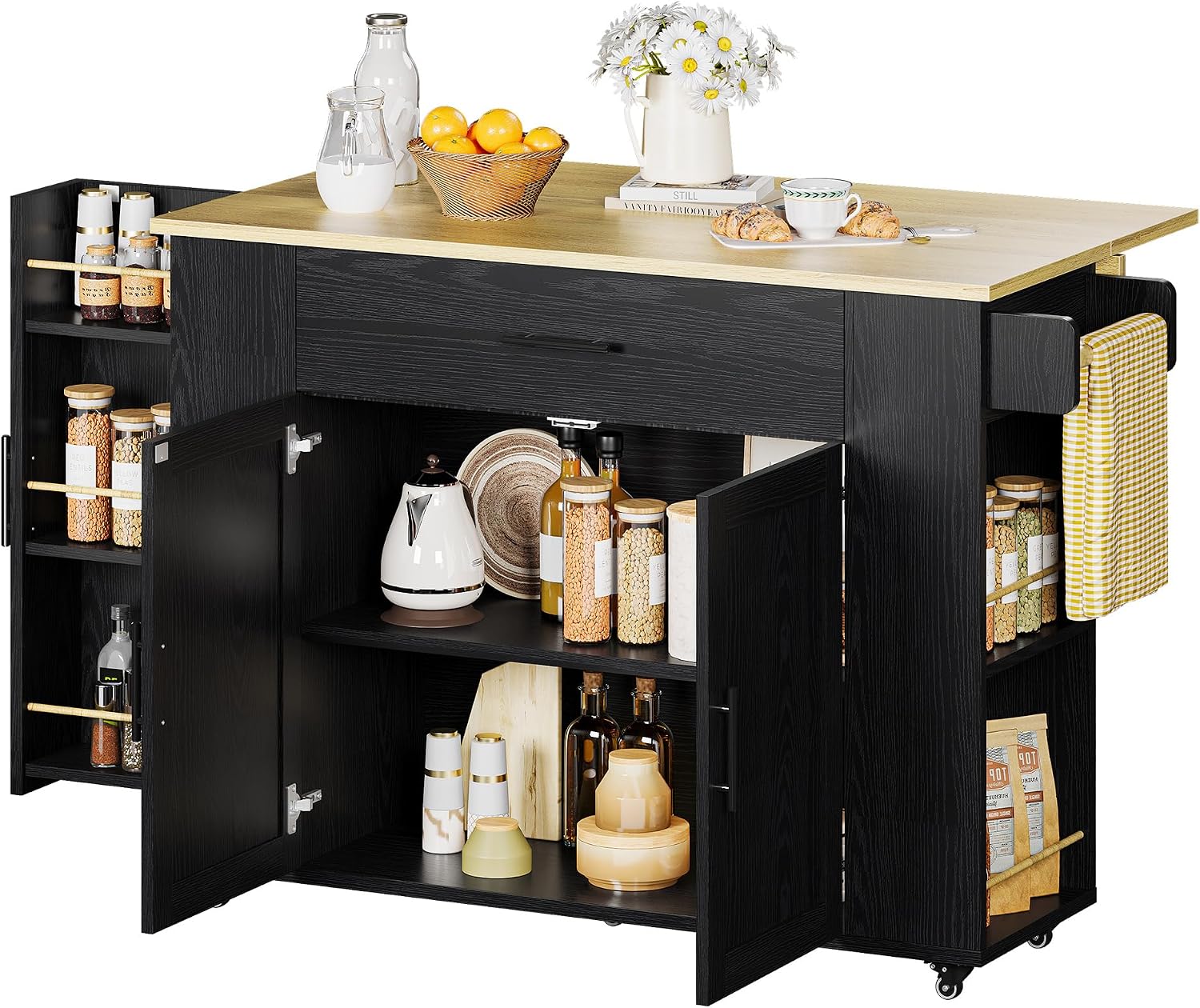IRONCK Kitchen Island with Storage, 47.2in Rolling Island on Wheels, Kitchen Cart with Drop Leaf, Drawer and Towel Rack for Home, Dining Room