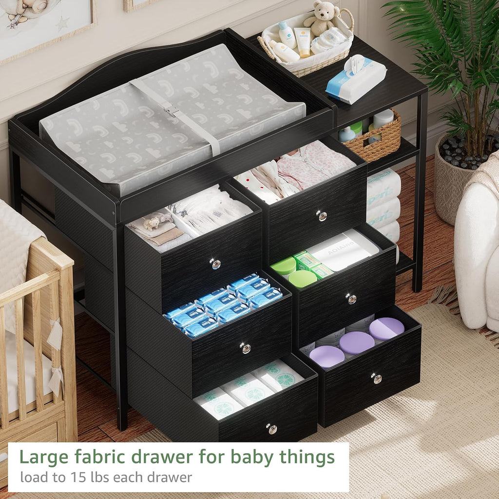 BOLUO Baby Dresser with Changing Table Top, Black Changing Table Dresser with 6 Fabric Drawers Diaper Changing Station with Storage Shelf for Nursery Modern