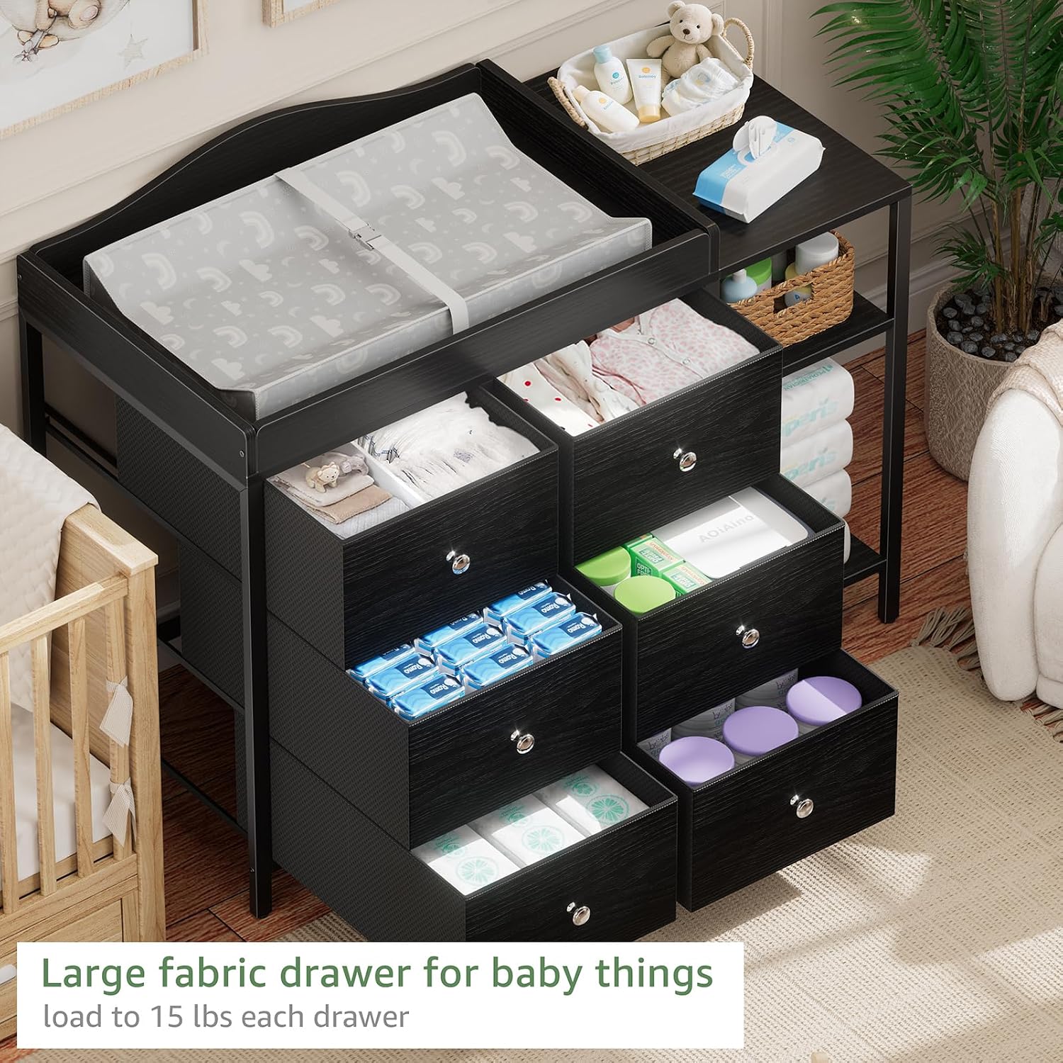 BOLUO Baby Dresser with Changing Table Top, Black Changing Table Dresser with 6 Fabric Drawers Diaper Changing Station with Storage Shelf for Nursery Modern