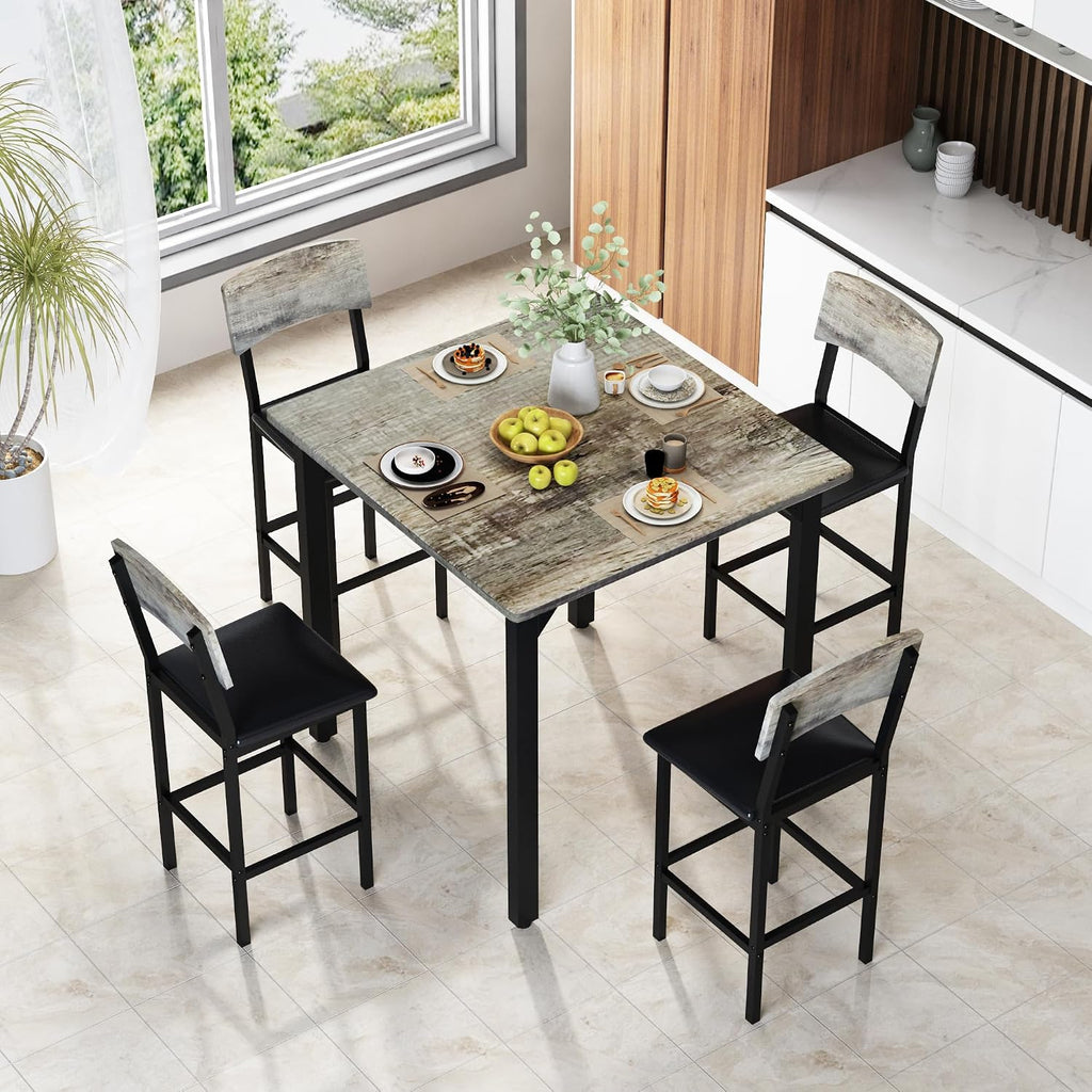 AWQM 5-Piece Dining Table Set, Dining Table Set for 4, Counter Height Table & 4 Bar Stools, Modern Kitchen Dining Set, with Upholstered Chairs, Compact Dining Set for Small Spaces, Gray