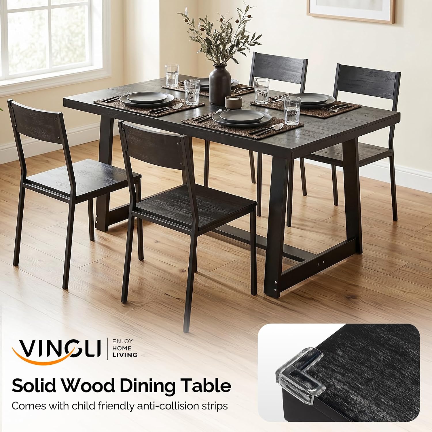VINGLI 48 Inch Farmhouse Dining Table for 4-6, Solid Pine Wood Table with 4 Corner Protectors, Rectangular Dining Table for Kitchen, Dining Room, Small Apartment, Studio, Family Dinner, Black